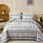 DJY Floral Quilt Set King Size, Grey Flower Pattern Quilts King Bedspread Coverlet Set with 2 Pillowcases, Soft Lightweight Microfiber Bedding for All Season (90"x110") - Image 2