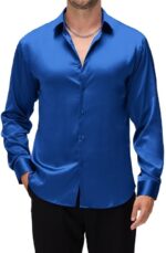 Damipow Satin Silk Mens Dress Shirts Long Sleeve Button Up Shirt Wedding Party Prom Shirt - Image 2