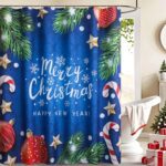 Dark Blue Merry Christmas New Year's Shower Curtain Set for Bathroom Decoration Snowflake and Christmas Ball Design Shower Curtain Waterproof with Hooks 72x72 Innch - Image 2