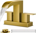 FORIOUS Square Brushed Gold Bathroom Faucets for 2 Hole or 3 Hole, Waterfall 4 Inch Centerset Bathroom Sink Faucet with Metal Pop-up Drain and Supply Lines, Two Handles for Vanity, Laundry Room, Basin - Image 2