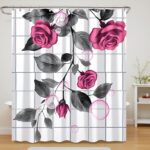 FuShvre Hot Pink Shower Curtains Rose Bathroom Curtain Set Pink and Grey Flower Bathroom Decor Hooks Included 72"x72" - Image 2
