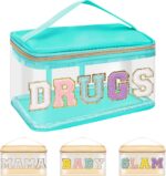 Iqimott Preppy Clear Makeup Bag Cosmetic Pouch, Chenille Letter Cosmetic Bag for Women Girls, Nylon PVC Toiletry Storage Handbag, Travel Transparent Waterproof Zipper Pouch with Handle(Green) - Image 2