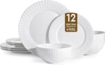 KINGSTONE Bone China Dinnerware Set, 12-Piece White Lightweight Porcelain for 4, Plates and Bowls with Rhombus patterned edge design, Microwave and Dishwasher Safe, for Family, Restaurant, Gifting - Image 2