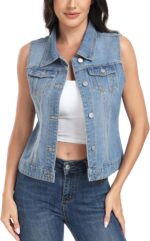 MISS MOLY Women's Denim Vest Cropped Classic Sleeveless Jean Vest Jackets With Flap Pockets - Image 2