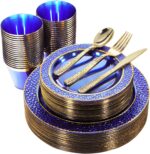 Nervure 150PCS Clear Blue Plastic Plates - Gold Party Plates - Blue and Gold Dinnerware Set Include: 50 Disposable Plate, 25Cups, 25Forks, 25Knives, 25Spoons for Wedding & Party & Hanukkah - Image 2