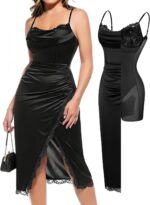 Popilush Shapewear Corset Dress Women's Satin Ruched Midi Dress Cocktail Date Night Classy Dresses with Lace Trim Bra - Image 2