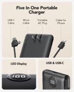 Portable Charger,Power Bank Built-in Cables and AC Wall Plug,VRURC USB C Portable Bank 10000mAh,Travel Essentials Phone Charger Compact Lightweight External Battery Pack for Smart Phones,Tablets-Black - Image 2