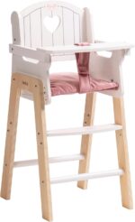 ROBUD Play High Chair, Pretend Play High Chair with Cushion, Movable Table, Wooden Baby Doll Accessories, Fits 18-20 Inch Dolls, White - Image 2