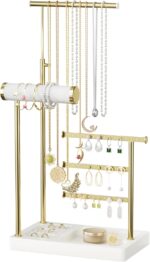 SZQINJI 5 Tier Jewelry Holder Organizer, Gold Jewelry Stand with Velvet Bracelet Holder, Adjustable Height Jewelry Display for Necklaces, Bracelets, Earrings, Rings, Gift Idea for Women, White - Image 2
