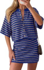 Saodimallsu Womens Two Piece Skirt Set Summer Striped Knit Short Sleeve Button Cardigans And Mini Skirt Lounge Set - Image 2