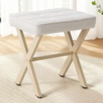 Sweetcrispy Vanity Stool Ottoman, Square Linen Makeup Stool Metal X Legs, Small Footstool Chair for Vanity, Modern Padded Seat Foot Rest for Makeup Room, Bathroom,Living Room, Entryway, Beige - Image 2