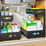 Under Sink Organizer, 2 Pack 2 Tier Pull Out Under Cabinet Organizer Shelf with Pad for Framed Cabinets, Metal Slide Out Under Sink Storage, Mesh Sliding Drawers for Kitchen Bathroom Laundry, Black - Image 2