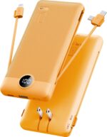 VRURC Portable Charger Built-in Cables and AC Wall Plug, USB C Power Bank 10000mAh, Travel Battery Phone Charger Compact Lightweight External Battery Pack for Smart Phones, Tablets etc-Orange - Image 2