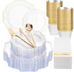 WDF 350Pcs Clear and Gold Plastic Plates - Heavy Duty Clear Plates Disposable - Gold Dinnerware Sets of 100 Plastic Plate 150Silverware 50 Cups 50 Napkins for Wedding Baby Shower Spring - Image 2