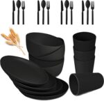 Wheat Straw Dinnerware Sets - 24 pcs Lightweight Unbreakable Dishwasher Microwave Safe Cups Cutlery Plates and Bowls Set for 4 Suitable for Camping Party Grill（Black） - Image 2