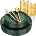 bUCLA 150PCS Green Plastic Plates - Green and Gold Disposable Include 25 Each (Dinner & Dessert) Plates, 25 Knives, 25 Forks, 25 Spoons and 25 Cups, Ideal for Party&Christmas - Image 2