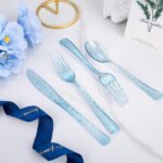Rubtlamp 180Pcs Blue Glitter Dinnerware Set(30 Guests), Blue Plastic Plate With Gitter Disposable Silverware, Gitter Plate Set Include 30Dinner Platos, 30Dessert Platos, 90Cutlerys, 30Cups for Party - Image 5