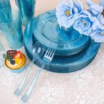 Rubtlamp 180Pcs Blue Glitter Dinnerware Set(30 Guests), Blue Plastic Plate With Gitter Disposable Silverware, Gitter Plate Set Include 30Dinner Platos, 30Dessert Platos, 90Cutlerys, 30Cups for Party - Image 7