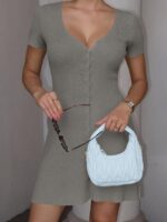 Saodimallsu Womens Short Sleeve Mini Dress V Neck Button Up Cardigan Sweater Summer Ribbed Knit Flare A Line Dresses - Image 3