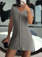 Saodimallsu Womens Short Sleeve Mini Dress V Neck Button Up Cardigan Sweater Summer Ribbed Knit Flare A Line Dresses - Image 4