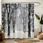 Winter Forest Shower Curtain Gray Black Nature Tree Forest Snowflake Rustic Scenery Landscape 70" WX70 H Bathroom Decor Fabric Curtain with Hooks - Image 4