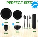 Pinkunn 64 Pcs Wheat Straw Dinnerware Sets with Stainless Steel Flatware Unbreakable Plates and Bowls Sets for 8 Colorful Tableware Set Kitchen Microwave Dishwasher Safe Bowl Plates Cups(Black) - Image 3