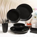 Pinkunn 64 Pcs Wheat Straw Dinnerware Sets with Stainless Steel Flatware Unbreakable Plates and Bowls Sets for 8 Colorful Tableware Set Kitchen Microwave Dishwasher Safe Bowl Plates Cups(Black) - Image 7