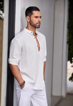 COOFANDY Men's Cotton Linen Henley Shirt Casual Beach Hippie Shirts Long Sleeve T-Shirts - Image 4