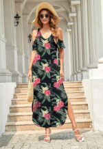 HUSKARY Women's Summer Maxi Dresses 2026 Trendy V Neck Cold Shoulder Short Sleeve Casual Loose Long Split Dress with Pockets - Image 4