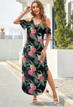 HUSKARY Women's Summer Maxi Dresses 2026 Trendy V Neck Cold Shoulder Short Sleeve Casual Loose Long Split Dress with Pockets - Image 5