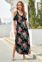 HUSKARY Women's Summer Maxi Dresses 2026 Trendy V Neck Cold Shoulder Short Sleeve Casual Loose Long Split Dress with Pockets - Image 6