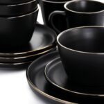 Elama Paul 16 Piece Stoneware Dinnerware Set in Matt Black with Gold Rim, Matte Black, 16 Piece Set (Arthur Paul Louis Set) - Image 4