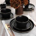 Elama Paul 16 Piece Stoneware Dinnerware Set in Matt Black with Gold Rim, Matte Black, 16 Piece Set (Arthur Paul Louis Set) - Image 9