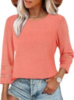 OFEEFAN Womens Tops Dressy Casual 3/4 Length Sleeve Shirts Spring Summer Plus Size Lace Crochet Blouses Waffle Knit - Image 3
