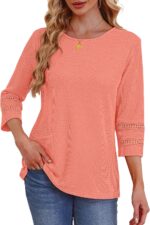 OFEEFAN Womens Tops Dressy Casual 3/4 Length Sleeve Shirts Spring Summer Plus Size Lace Crochet Blouses Waffle Knit - Image 5