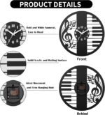 12 Inch Music Themed Wall Clock - Piano Key & Musical Note Design, Silent and Battery Operated - Perfect for Music Room, Studio Decor - Gift for Pianists, Musicians & Music Lover - Image 3