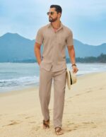 COOFANDY Men's Linen Sets 2 Piece Beach Outfit Casual Short Sleeve Button Down Shirts Loose Pants Summer Vacation Outfits - Image 3