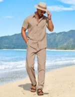 COOFANDY Men's Linen Sets 2 Piece Beach Outfit Casual Short Sleeve Button Down Shirts Loose Pants Summer Vacation Outfits - Image 9
