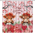 Valentine's Highland Cow Shower Curtain Red Pink Heart Flower Cute Animal Bull Funny Creative 70" WX70 H Bathroom Fabric Curtain with Hooks - Image 3