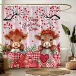 Valentine's Highland Cow Shower Curtain Red Pink Heart Flower Cute Animal Bull Funny Creative 70" WX70 H Bathroom Fabric Curtain with Hooks - Image 4