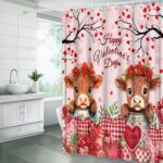 Valentine's Highland Cow Shower Curtain Red Pink Heart Flower Cute Animal Bull Funny Creative 70" WX70 H Bathroom Fabric Curtain with Hooks - Image 5