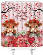 Valentine's Highland Cow Shower Curtain Red Pink Heart Flower Cute Animal Bull Funny Creative 70" WX70 H Bathroom Fabric Curtain with Hooks - Image 6