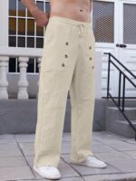 Mens Cotton Linen Pants Casual Summer Vacation Baggy Beach Pants Buttoned Drawstring Yoga Trousers with Pockets - Image 3