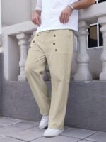 Mens Cotton Linen Pants Casual Summer Vacation Baggy Beach Pants Buttoned Drawstring Yoga Trousers with Pockets - Image 4