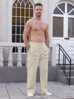 Mens Cotton Linen Pants Casual Summer Vacation Baggy Beach Pants Buttoned Drawstring Yoga Trousers with Pockets - Image 5