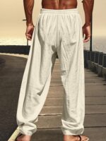 Mens Cotton Linen Pants Casual Summer Vacation Baggy Beach Pants Buttoned Drawstring Yoga Trousers with Pockets - Image 9