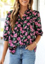PRETTYGARDEN Women's 2026 Summer Floral Blouses Dressy Casual Half Sleeve V Neck Going Out Boho Tops Spring Fashion Clothing - Image 3