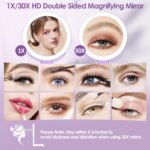 MIYADIVA Magnifying Mirror with Light, Double Sided 30X/1X Lighted Travel Makeup Mirror with Magnification, 3 Color Lighting, Dimmable Touch Screen, Adjustable & Foldable Hand Mirror (Purple) - Image 3