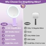 MIYADIVA Magnifying Mirror with Light, Double Sided 30X/1X Lighted Travel Makeup Mirror with Magnification, 3 Color Lighting, Dimmable Touch Screen, Adjustable & Foldable Hand Mirror (Purple) - Image 8
