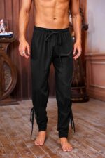 Runcati Mens Medieval Ankle Pants Renaissance Viking Pirate Lace Up Tapered Halloween Linen Costume Trousers - Image 3